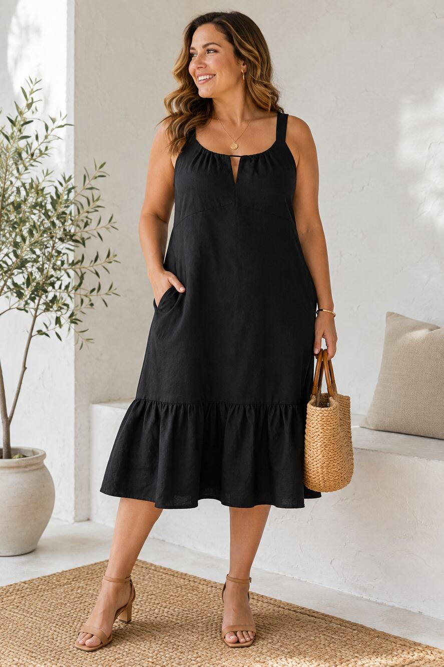 MICHAEL Michael Kors Dress 16 Black Linen Blend Sleeveless Ruffle Hem Midi